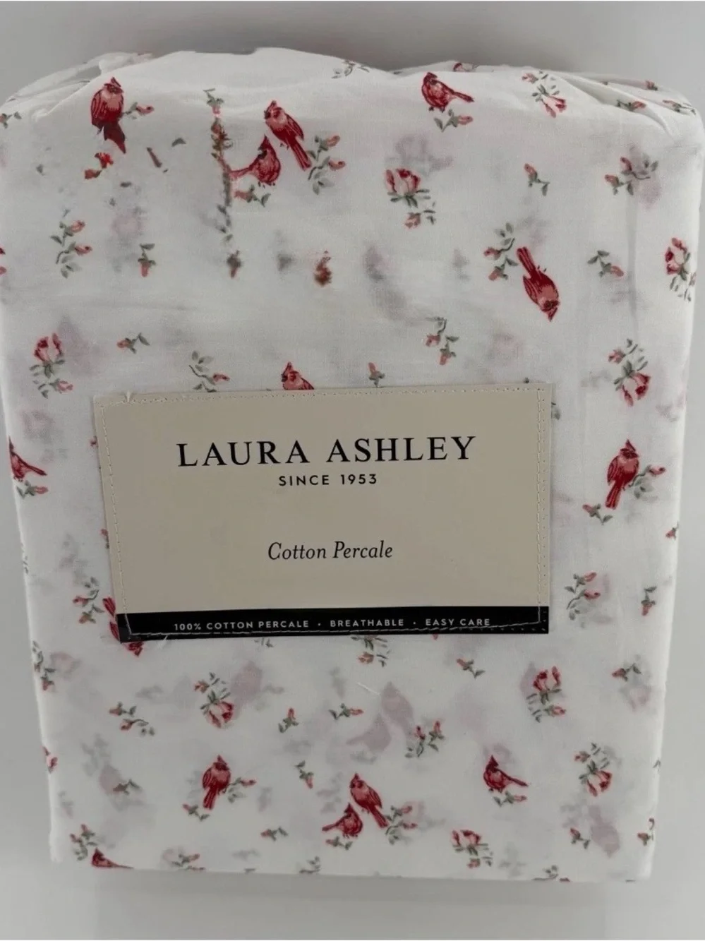 Laura Ashley RED CARDINAL Birds Holly Sheet Set TWIN ~ NEW Cotton Percale